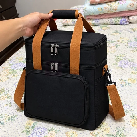 Bolsa Térmica Marmita Lancheira Alça Transversal Ajustável Removível 2 Compartimentos Organiza Conserva Seus Alimentos Quente ou Frio Cor Preto Tche Amo