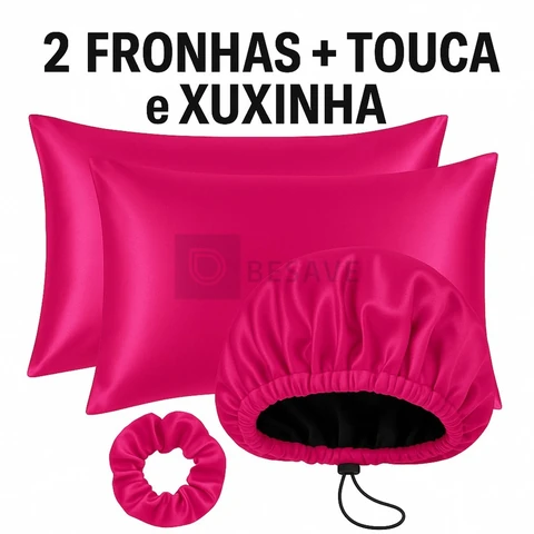 Kit Cetim Antifrizz 2 Fronhas Touca de Cetim Regulável Xuxinha Scrunchie Cabelo para Dormir