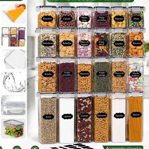 Kit 24 Potes Herméticos Mantimentos Quadrado Cozinha Tampa Transparente