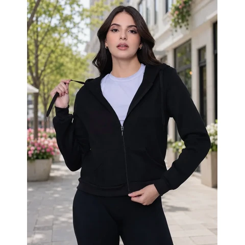 Casaco De Moletom Flanelado Com Ziper Inverno Frio Bolso