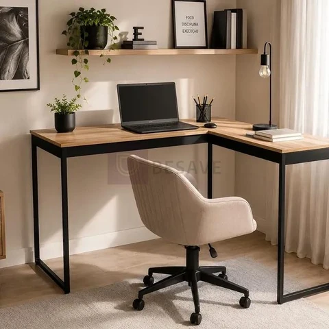 Mesa Escrivaninha Em L Industrial Preta Setup Multiuso