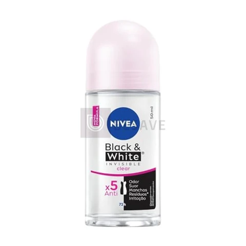 NIVEA Desodorante Antitranspirante Roll On Invisible Black & White Clear 50ml - Proteção prolongada de 48h, cuidado suave, ação antibacteriana, fórmula 5 em 1: anti-manchas, anti-odor