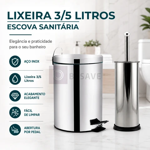 Lixeira 3/5L Escova Sanitária P/ Banheiro Luxo Chique Premium Inox Durável