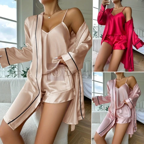 Conjunto De 3 Peças Roupa Pijama Feminino Top Elegante De Alça Sexy E Shorts E Roupão Dormir