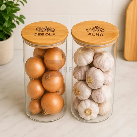 Kit Potes Alho Cebola Sal E Pimenta Organizador Cozinha Tampa De Bambu Transparente Porta Mantimentos Decorativo Cozinha