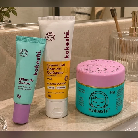 Kit Facial Kokeshi Completo 3 Passos Olhos de Gueixa, Pele de Porcelana e Gota de Colágeno