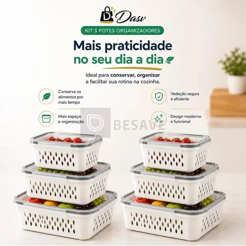 Conjunto Kit 6 Organizadores Geladeira Hermético Escorredor Cesto Frutas Alimentos Verduras Legumes Dasv