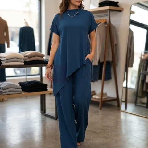 Conjunto Feminino Calça Pantalona Blusa Moderna Assimétrica