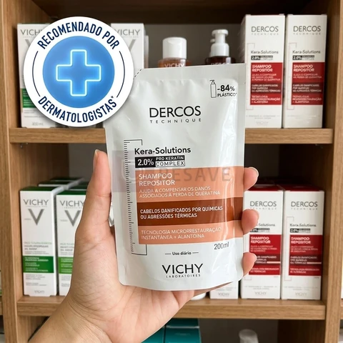Shampoo Repositor Repara Cabelos Danificados, Reduz os Danos Ação Antifrizz por 48h com Pro-Keratin Complex Kera-Solutions Vichy Dercos 200ml
