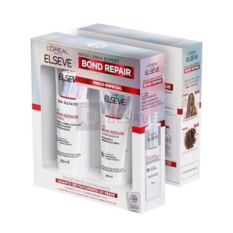 L'Oréal Paris Elseve Bond Repair Kit Reparação Molecular com Ácido Cítrico para Cabelos Danificados, Reconstrói Ligações e Devolve Força (Shampoo + Condicionador + Sachê Pré-Shampoo)