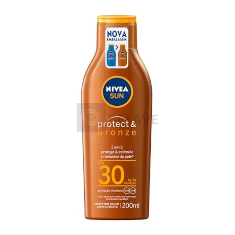 NIVEA SUN Protetor Solar Protect & Bronze FPS 30 200ml - Com ativo de pró melanina, resistente à água, protege dos raios UVA/UVB, ajuda a manter a cor bonita e uniforme por mais tempo