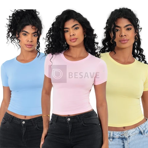 KIT 03 Baby Tee Feminina - Blusa Slim Fit Manga Curta Candy Colors - Blusa de Compressao - Candy Color