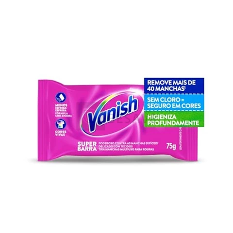 Tira Manchas Barra Vanish 75g para Roupas Coloridas. Remove manchas sem cloro, preserva as cores e os tecidos, sem danificar as roupas. Confie em Vanish e esqueça as manchas
