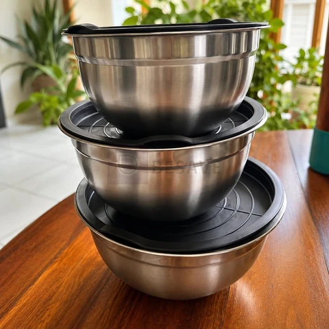 Kit 3 Bowls Inox com Tampa Bumper 1,4L 2L 2,6L Empilháveis Pote Tigela Multiuso