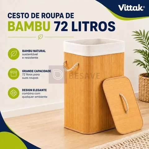 Vittak Cesto De Roupa Bambu 72 Litros Dobrável Retangular Com Tampa E Forro