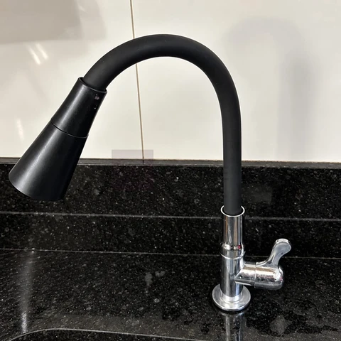 Torneira Gourmet Luxo Flexível Cozinha Parede 2 Jatos Pia Metal Cor Aço Inox e Preto- Marca Camperluz