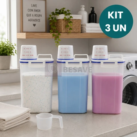 - Kit 3 Potes Herméticos 2L Para Lavanderia Com Vedação P/ Sabão em Pó Amaciante Produtos de Limpeza Organização Total