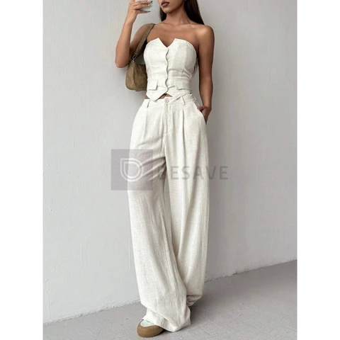 Conjunto Feminino Linho com Elastano Tomara que Caia e Calça Reta