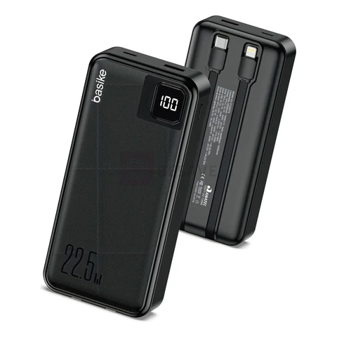 Power Bank Basike 20000mAh Preto, Carga Rápida 22.5W para iPhone e Samsung, Com Cabos Embutidos e Display