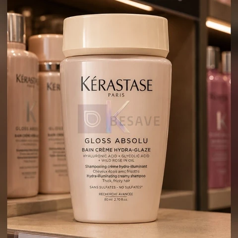 Kérastase Gloss Absolu Bain Crème Hydra-Glaze, shampoo para cabelos com frizz intenso, brilho e suavidade, com ácido glicólico, ácido hialurônico e óleo de rosa mosqueta, 80ml