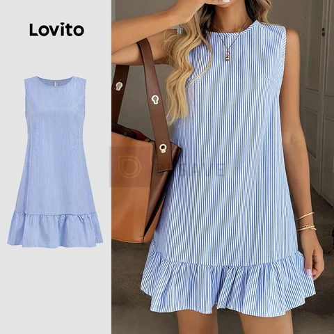 Lovito Casual Vestido Babado e Estiloso Primavera/verão Azul Claro Vestido para Mulheres L178ED1375