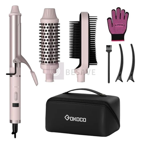 Kit Cachos e Alisamento Bivolt GOKOCO GD034 Rosa 127V-220V – Ferramenta Multifuncional com 3 Anexos, Controle de Calor NTC, 120-200°C, Desligamento Automático 30min, para Cabelos Finos a Grossos