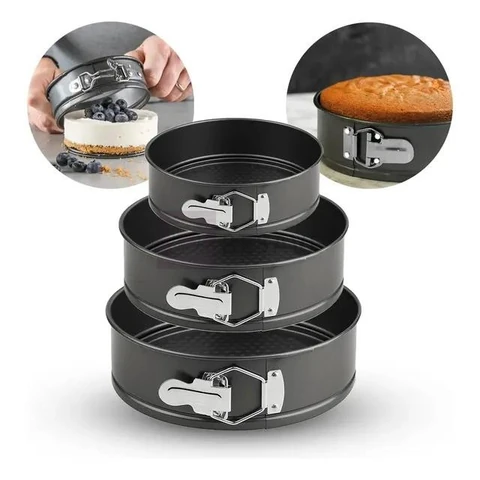 Kit 3 Formas Para Bolo Torta Com Fundo Removível Antiaderente Aço Carbono Redondas Preto