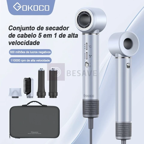 GOKOCO Secador De Cabelo Com 5 Em 1 GD023 Escova Magnético Multifuncional De Alta Velocidade Com Alisar Enrolar Hot Air