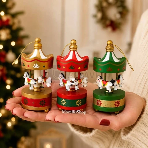 Kit 3 Enfeites de Natal Mini Carrossel de Madeira Decorativo Natalino Arvore De Natal Feliz Natal