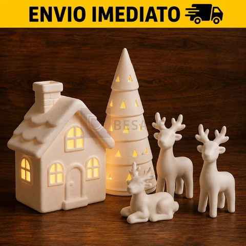Kit Vila Natalina com LED Casinha Árvore e Trio de Renas Decorativas