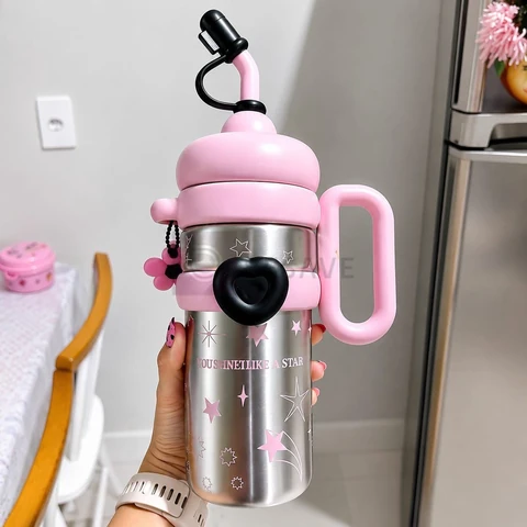 Caneca garrafa copo Térmica 930ml Estilo Capacidade Generosa Canudo Aço inoxidável menina doce