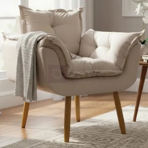 Poltrona Decorativa Amamentação Para Sala Recepção Manicure Confortável Cadeira Reforçada Alice Suede Bege Suede Liso
