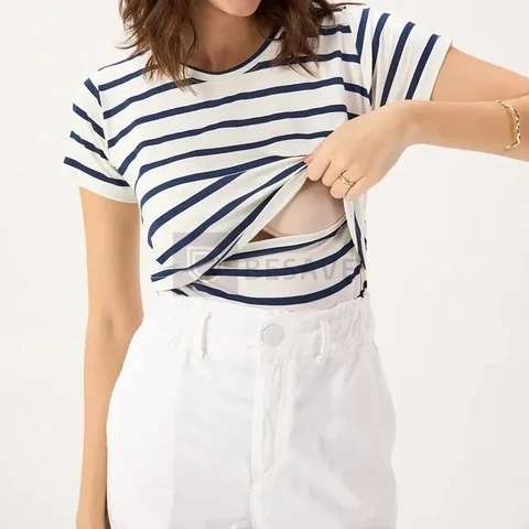 Blusa De Amamentação Com Listras Azul Marinho Tecido Premium