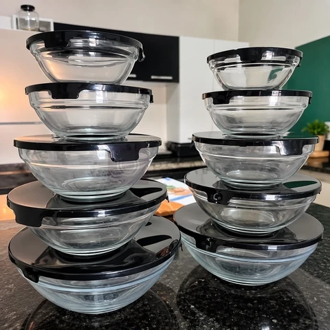 Kit 10 Potes De Vidro Hermético Com Tampa Tigela Redondo Freezer Micro-ondas Marmita Ideal para Alimentos e Refeições VYROX