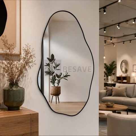 Espelho Orgânico Loja Sala 80x50 Grande Banheiro Elegante Moldura Preto