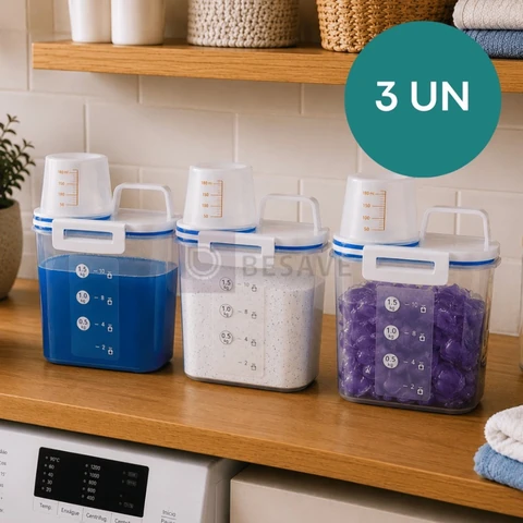 - Kit 3 Pote Hermético 1,5 L C/ Bico Dosador Porta Sabão em Pó/Sabão Líquido/Amaciante Compacto Lavanderia Organizador