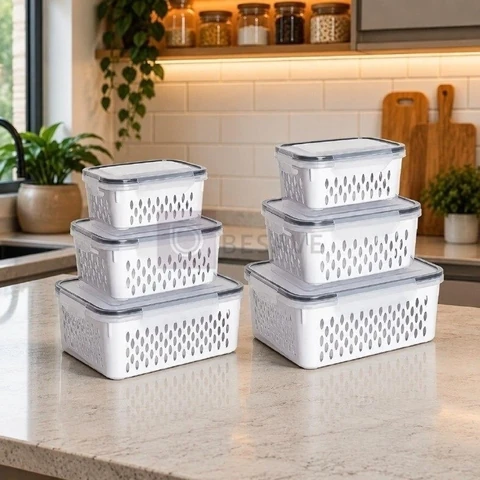 Conjunto Kit 6 Organizadores Geladeira Hermético Escorredor Cesto Frutas Alimentos Verduras Legumes Dasv