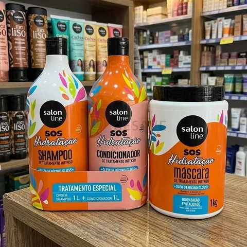 Kit Shampoo E Condicionador 1l + Máscara 1kg Sos Hidratação com Óleo de Rícino Linha de Tratamento Cabelos Danificados