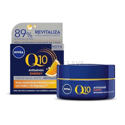 NIVEA Creme Facial Q10 Energy Antissinais Noite 50g, Reduz Linhas Finas, Ilumina, Pele mais Jovem, Revitalizante, Cuidado Facial Noturno