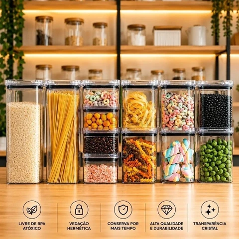 Kit Potes Porta Mantimento Hermético Quadrado Cozinha 12 Uni