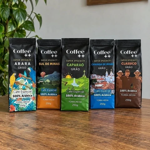 Kit 5 Pacotes Café Especial em Grãos Coffee Mais Variedades: Arara, Sul de Minas, Caparaó, Chapada de Minas e Clássico - 100% Arábica (5x250g)