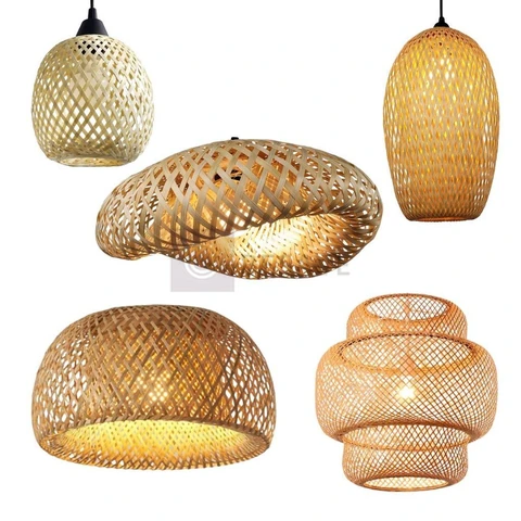Conjunto Lustres Teto Luminária Pendente Bambu Rattan Rústico Trançado Artesanal Fibra Natural