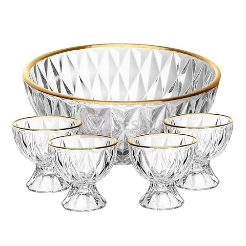 Conjunto 1 Bowl 1L e 4 Taças 120ml Diamond Lyor Cristal com Fio de Ouro para Sobremesas Doces Frutas Mousse Pavê 5 Peças