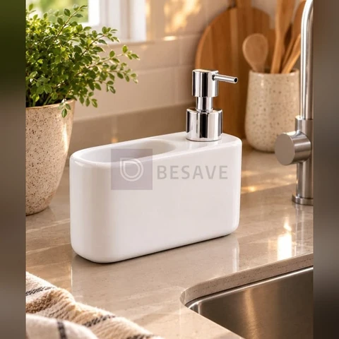 Dispenser Porta Detergente E Esponja Em Cerâmica Branco