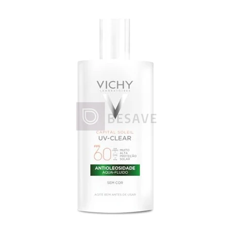Vichy Capital Soleil UV-Clear Protetor Solar Facial Antioleosidade e Antiacne Sem Cor, Toque Seco FPS 60, com Niacinamida e Ácido Salicílico, Acabamento Invisível, 40g