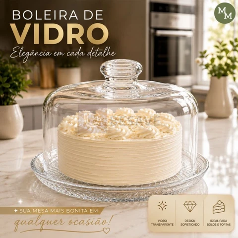 Boleira de Vidro com Tampa Transparente Redonda para Bolos Tortas e Doces