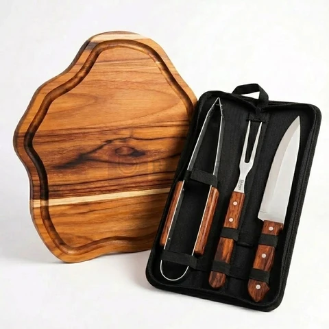 Kit Tabua Churrasco com Estojo Completo Garfo Faca e Pegador Personalizado