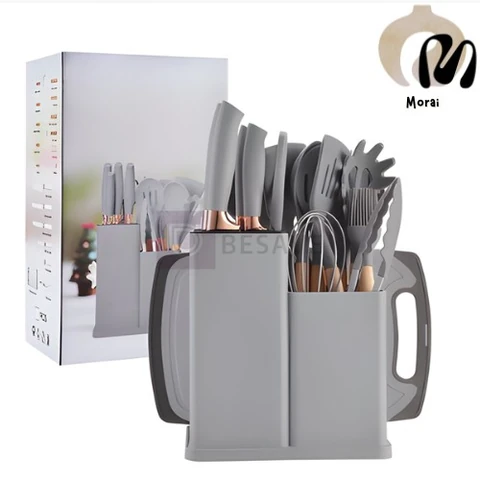 Kit Utensílios de Cozinha 19 Peças • Silicone com Cabo de Madeira • Completo e Resistente