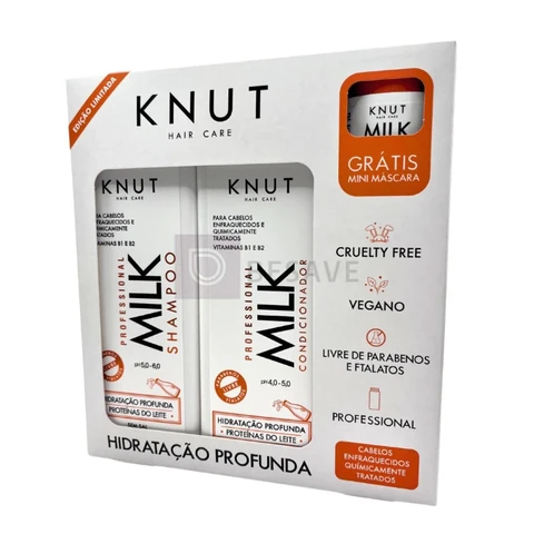 KNUT - Kit Presente Milk com Shampoo 250ml, Condicionador 200ml e Mini Máscara 30g - Hidratação Profunda para Cabelos Quimicamente Tratados - Sem Parabenos, Sem Ftalatos, Cruelty Free