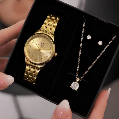 Kit Relógio Colar E Brincos Ponto De Luz Dourado Feminino Luxo Golden Saint Germain Presente Original Joias Elegante Clássico 28mm
